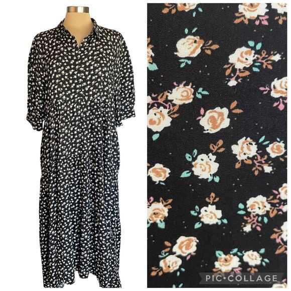 NATURAL LIFE Dresses & Skirts - Natural Life Rebecca Midi Dress Black Cream Floral Tiered Sz XL Boho Cottage